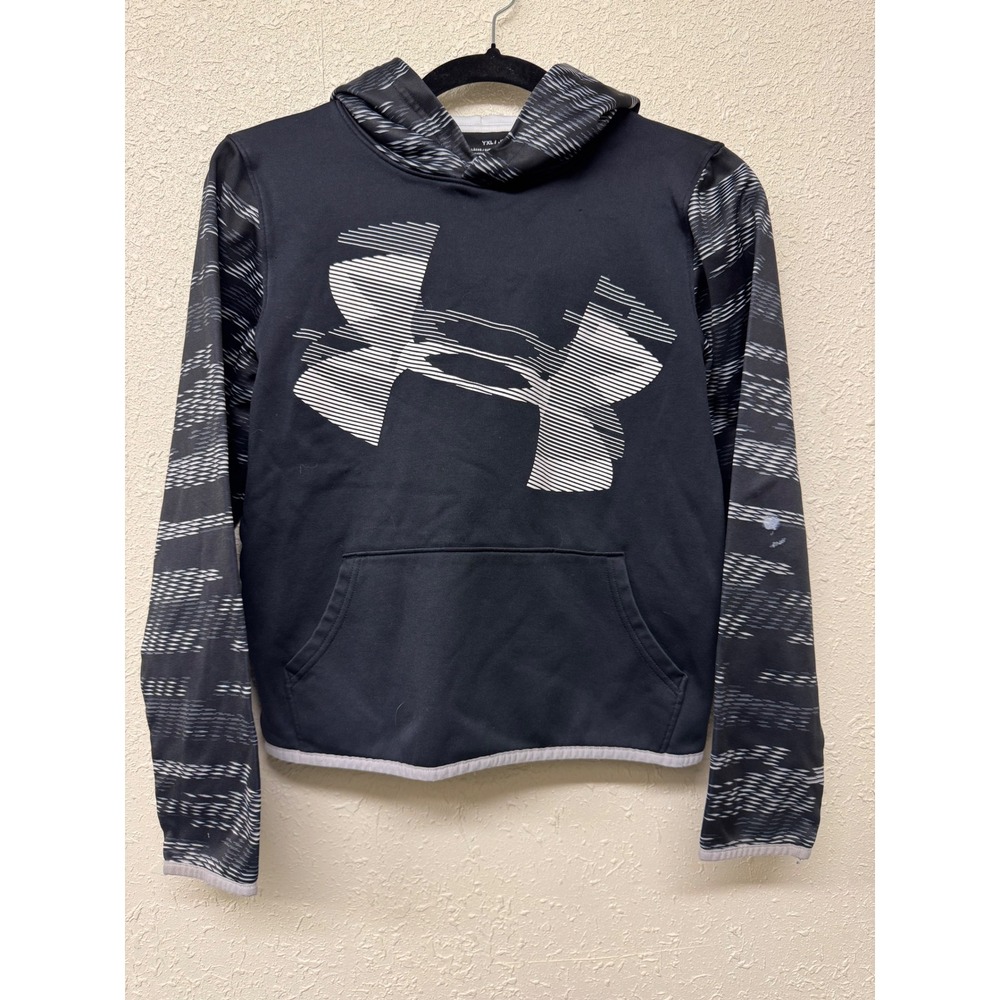 Under Armour Boys Youth XL ColdGear Hoodie Black Grey Graphic Logo Sweatshirt